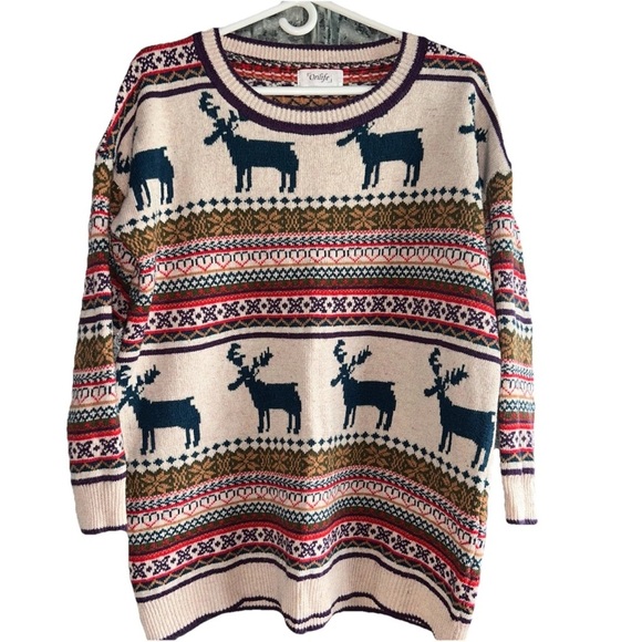 Orilife Sweaters - Cozy Reindeer Pattern Sweater - Cream and Navy